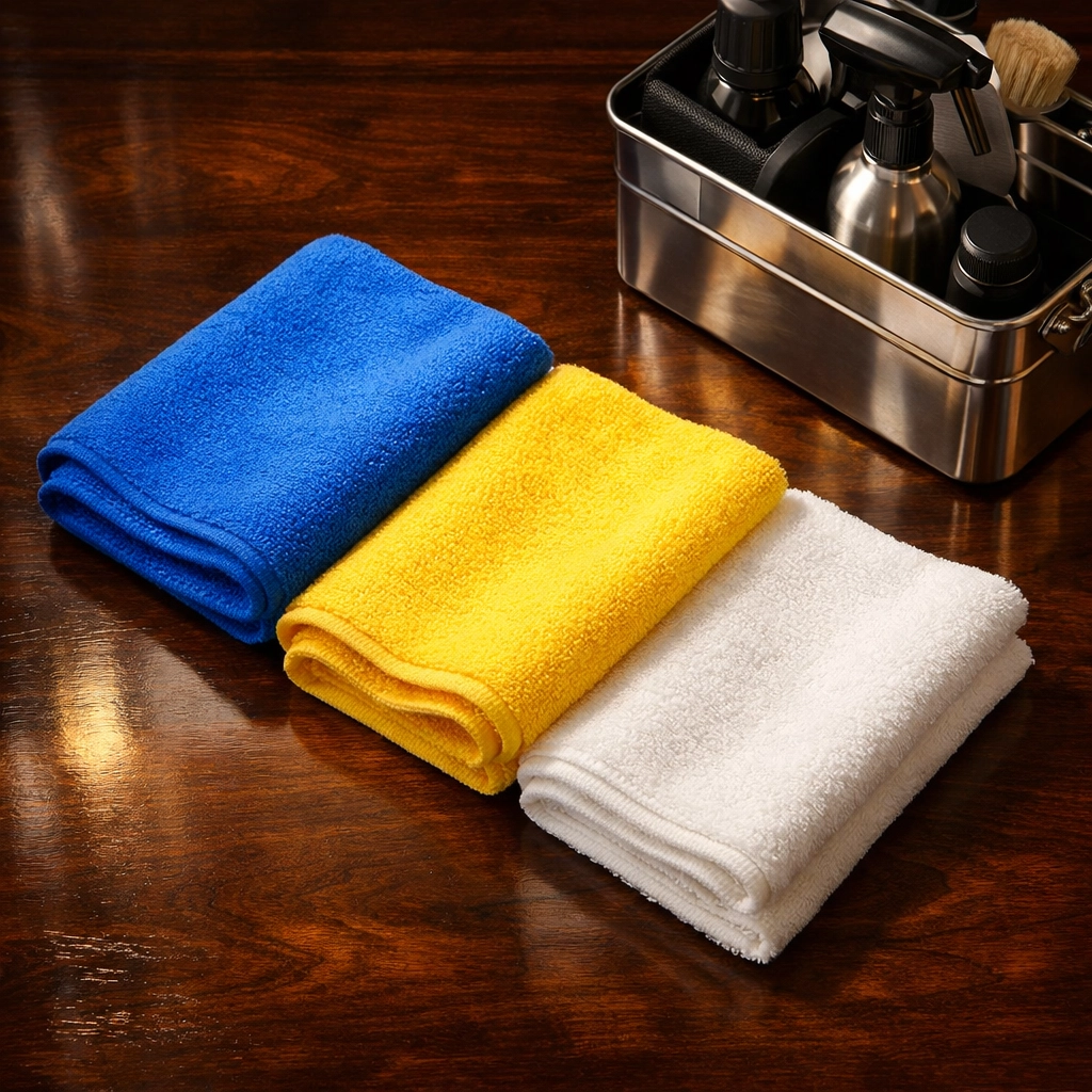Color-coded microfiber cloths used for professional house cleaning Worcester MA.