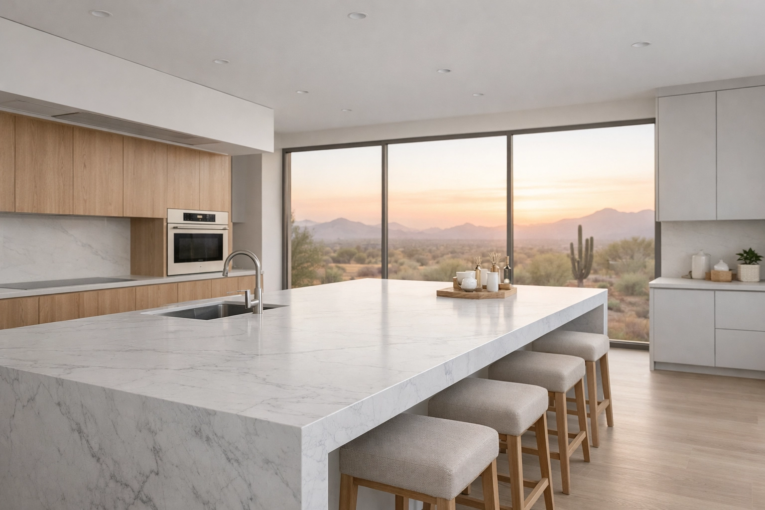 Modern Surprise custom home kitchen featuring a hidden induction cooktop and white marble island.