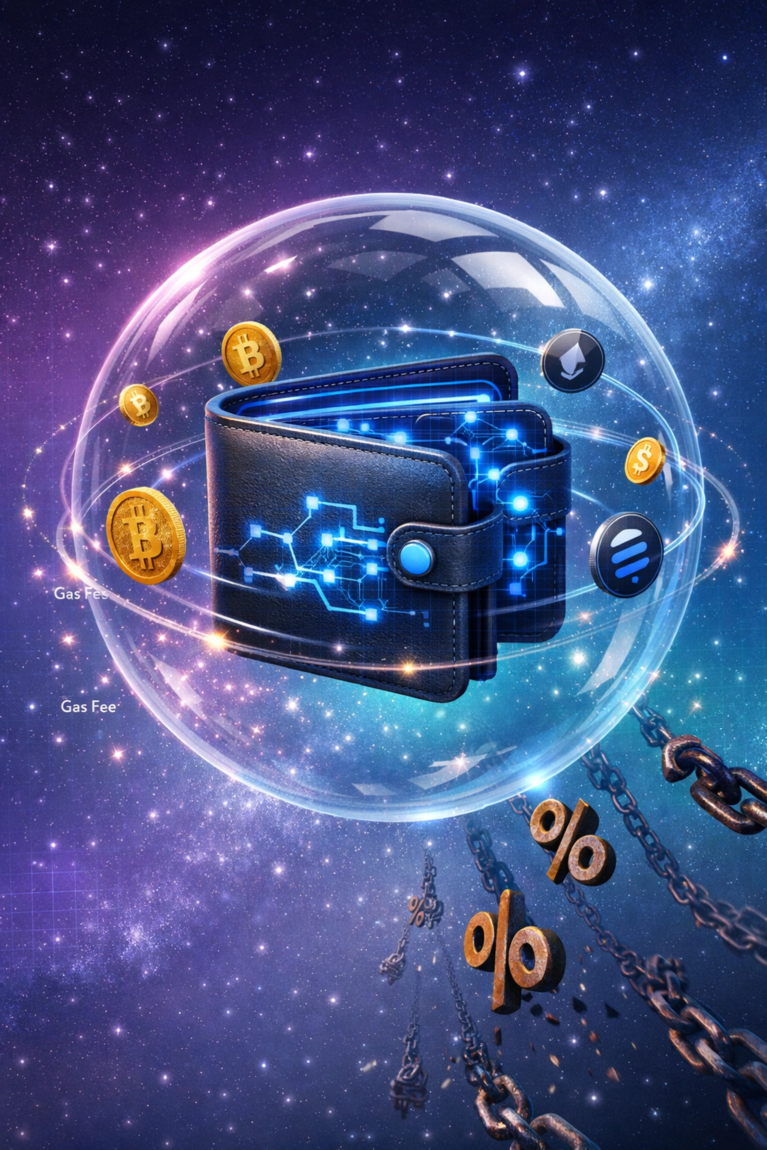 Self-custody crypto wallet with blockchain connections showing low gas fees