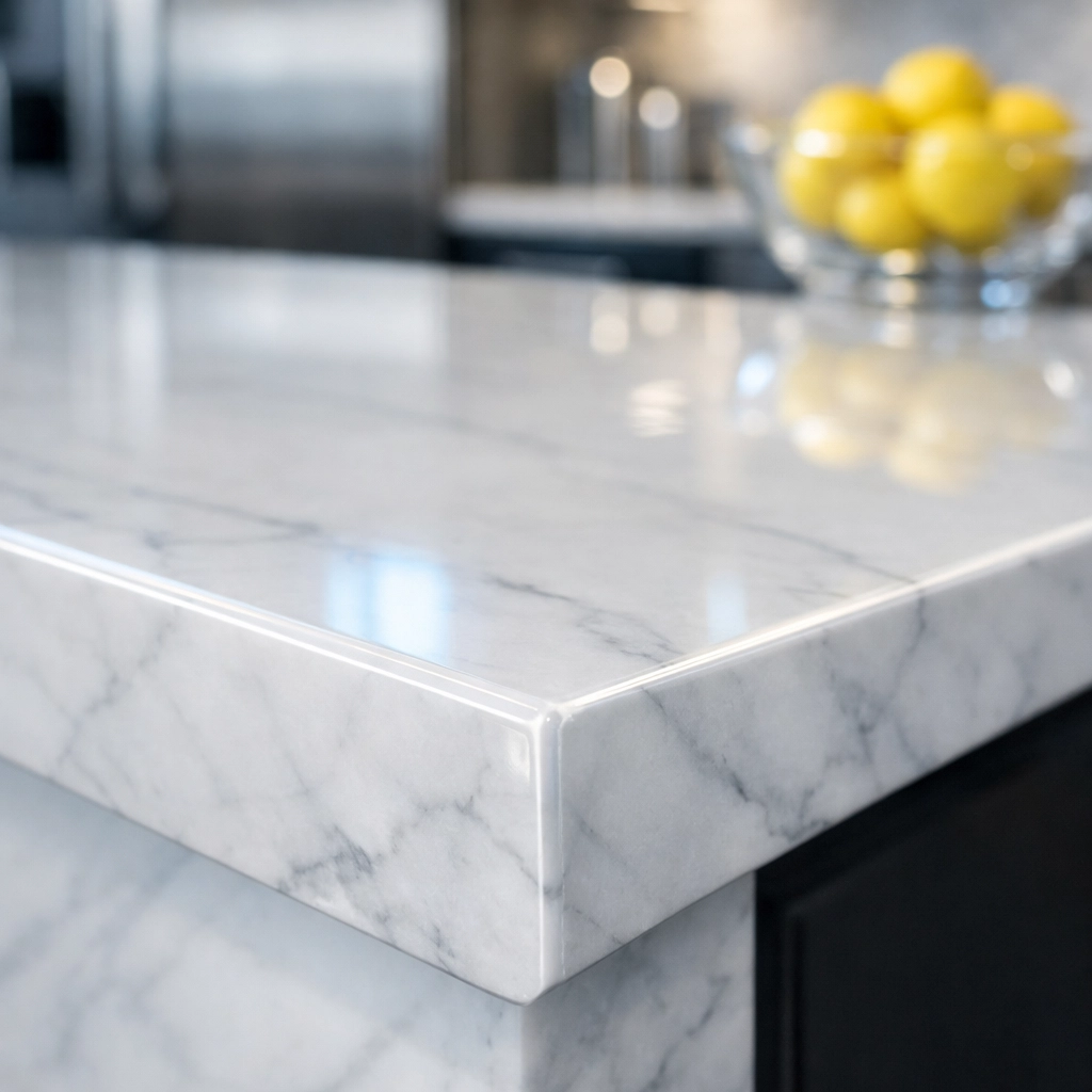 Polished marble kitchen island showing the detail of a Reliable House Cleaning service Hopkinton.