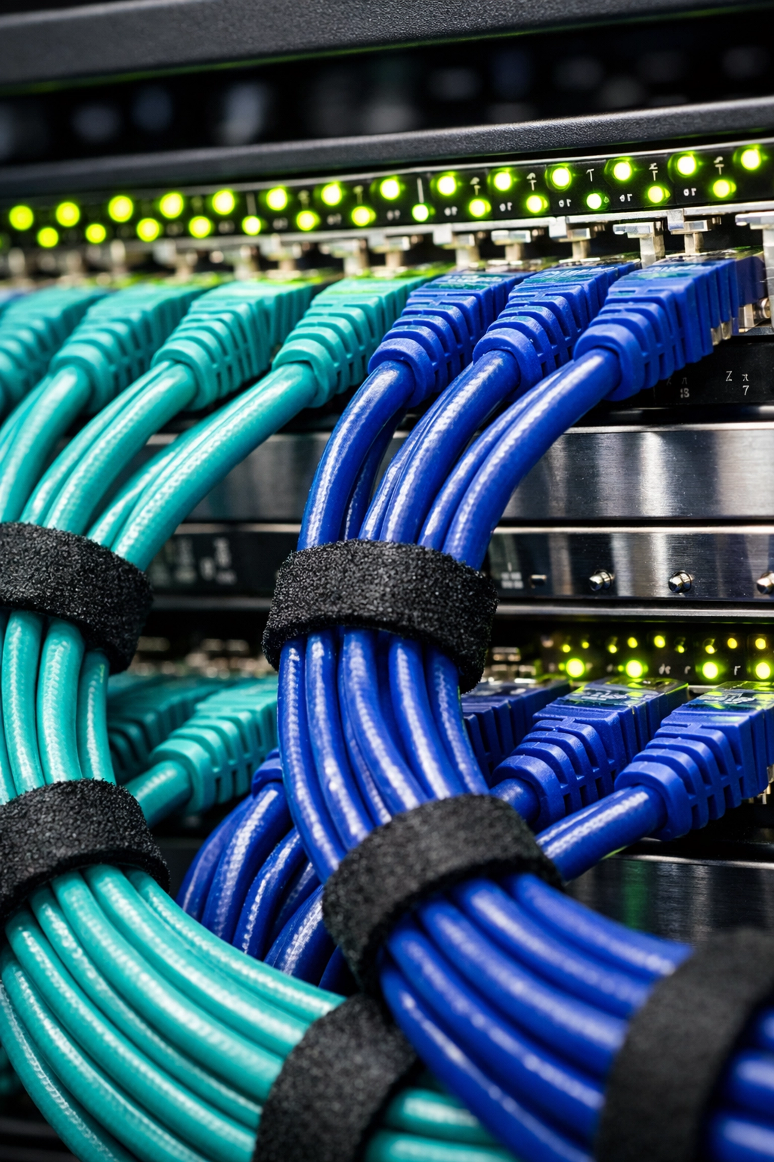 Organized structured cabling and managed switches in a business server room ensuring reliable VoIP calls.