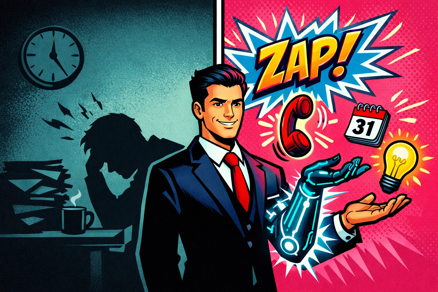 Comparison of a tired manual worker and a productive leader using an AI virtual assistant for business.