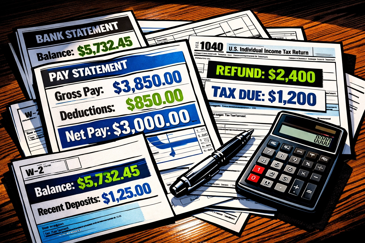 Organized income documents including pay stubs and tax returns for bad credit car loan approval