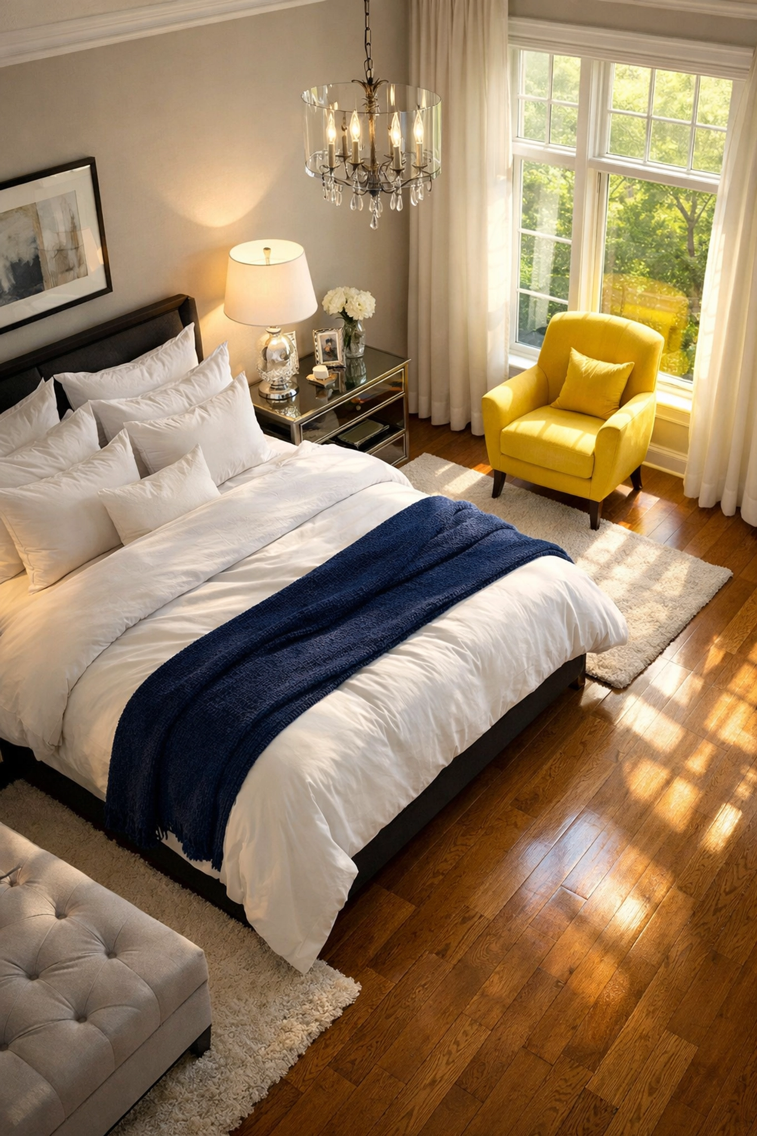 Sunlit master bedroom with crisp white linens and dust-free floors, showcasing the Ninja Lifestyle reward.