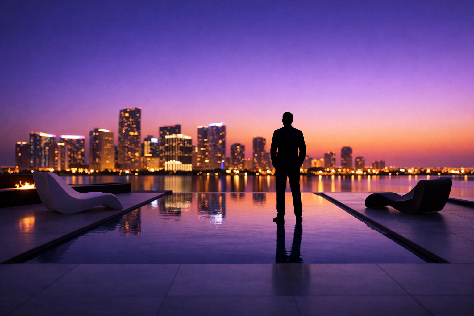 Professional figure overlooking a South Florida skyline symbolizing SEO recovery and digital growth.