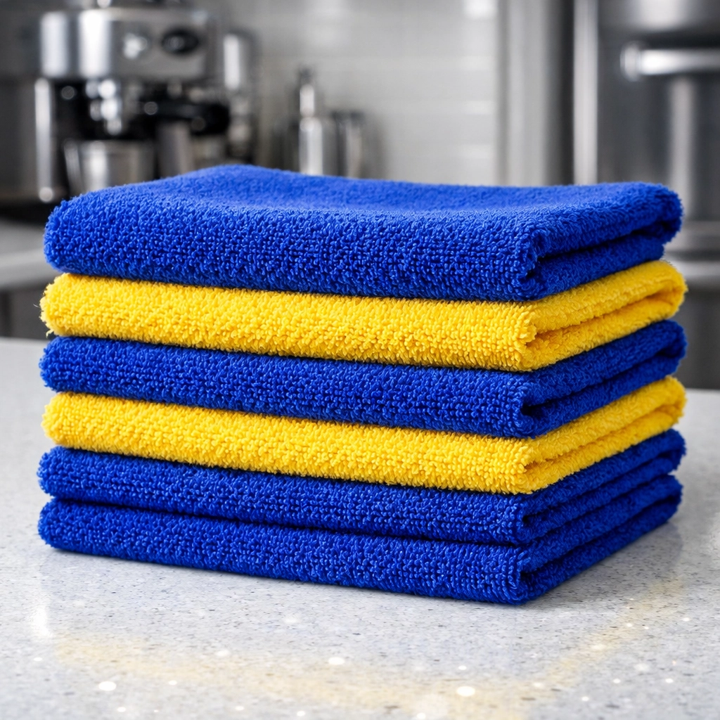 Stacked blue and yellow microfiber cloths used for professional house cleaning in a modern kitchen.
