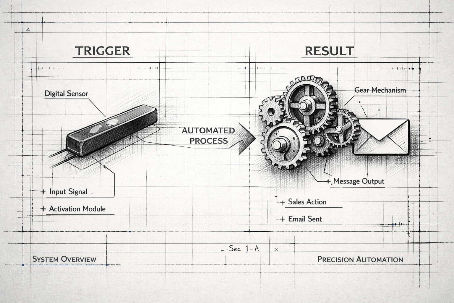 Pipeline automation diagram showing CRM trigger-to-action workflow for follow-ups and email outreach