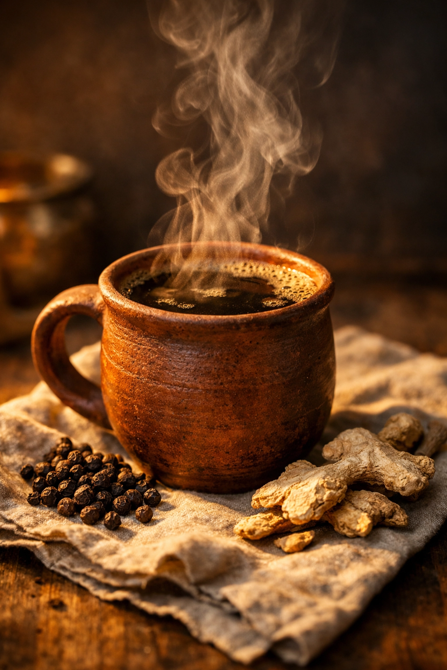 Steaming mug of traditional Kerala ginger coffee, or Chukku Kappi, for digestive wellness.