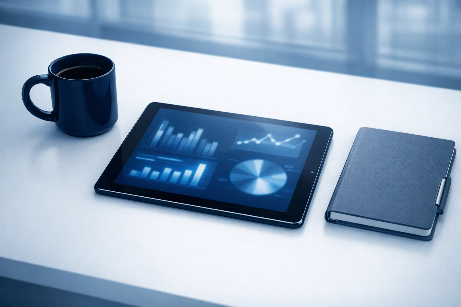 A modern office desk with a tablet displaying data visualizations for measuring benefits ROI and HR metrics.