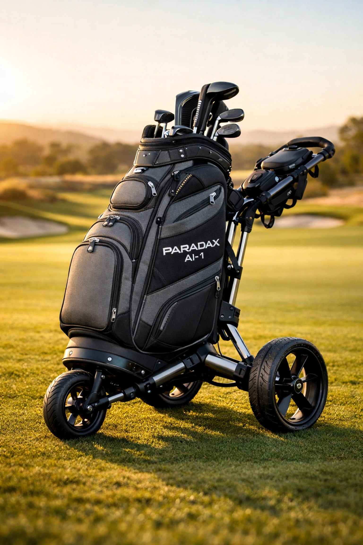 PARADAX AI-1 all-in-one golf bag with integrated 3-wheel push cart on a sunny fairway for walking the course.