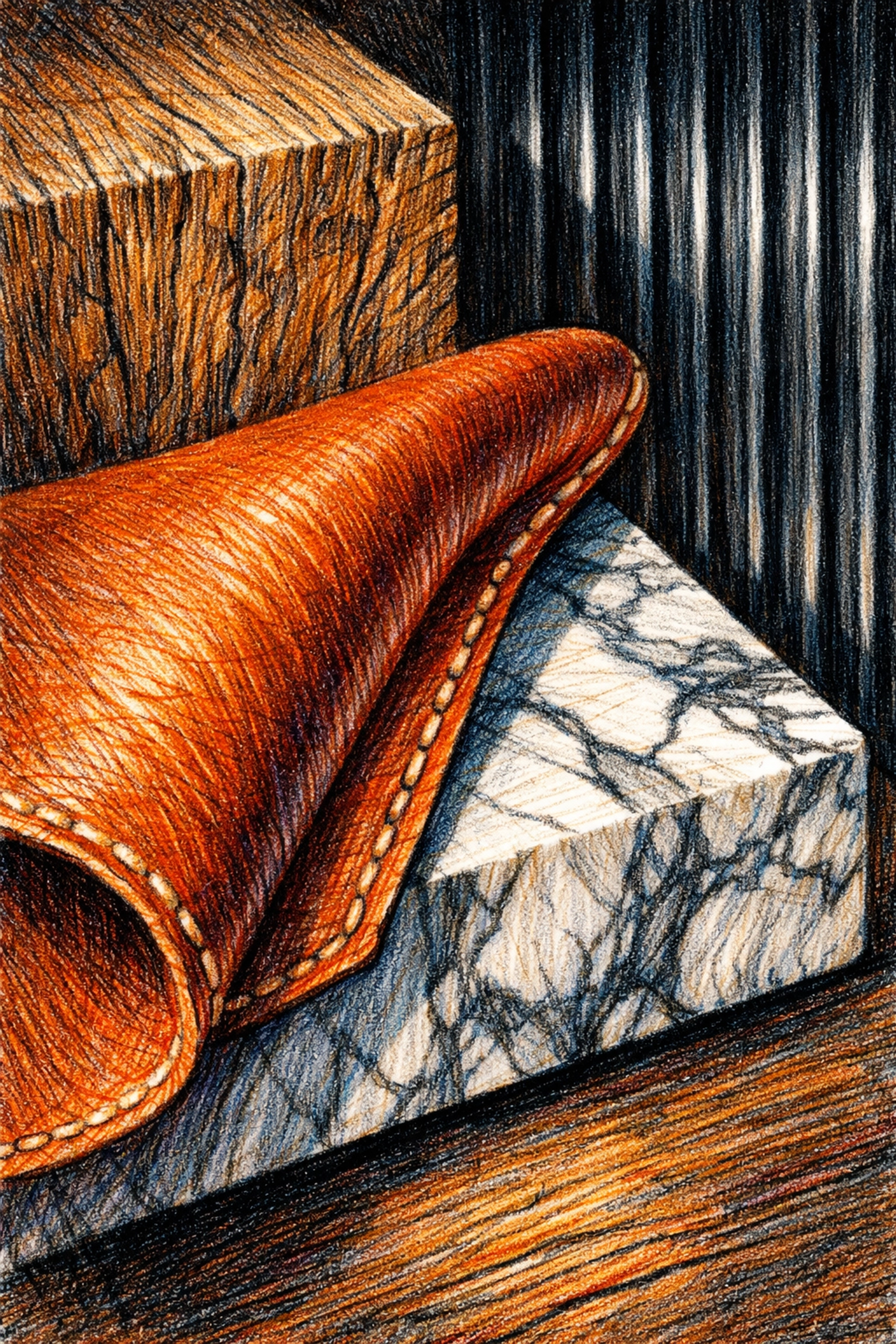 Luxury hospitality design textures including hand-stitched leather, white marble, and fluted glass.