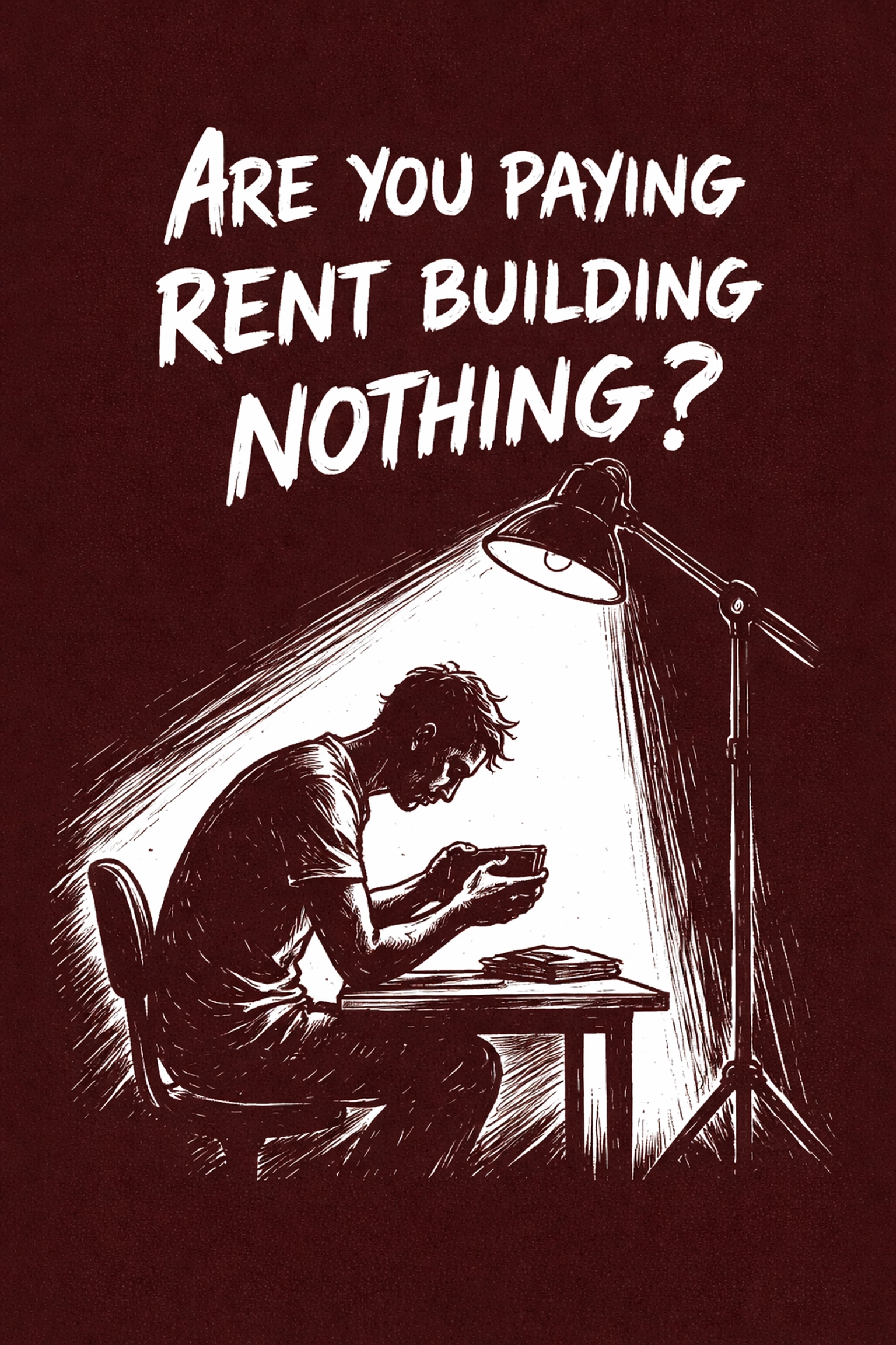 Sketch of a struggling creator under a studio light, highlighting the creator rental problem in the freelance economy