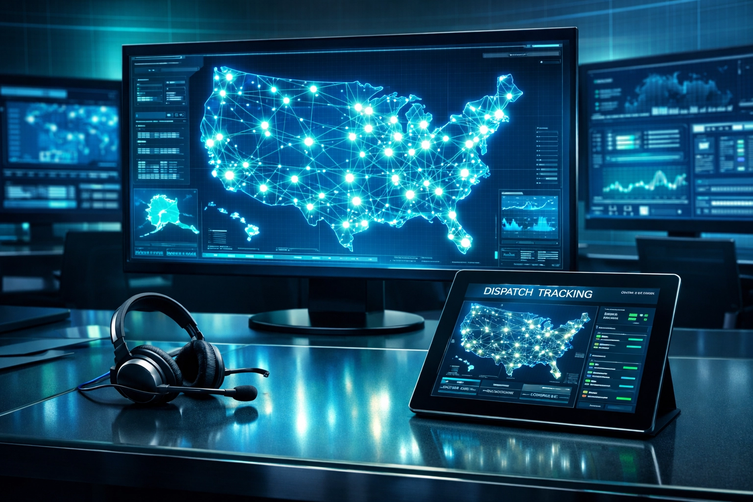 Nationwide IT support operations center with US map displaying multi-site service coordination and dispatch tracking