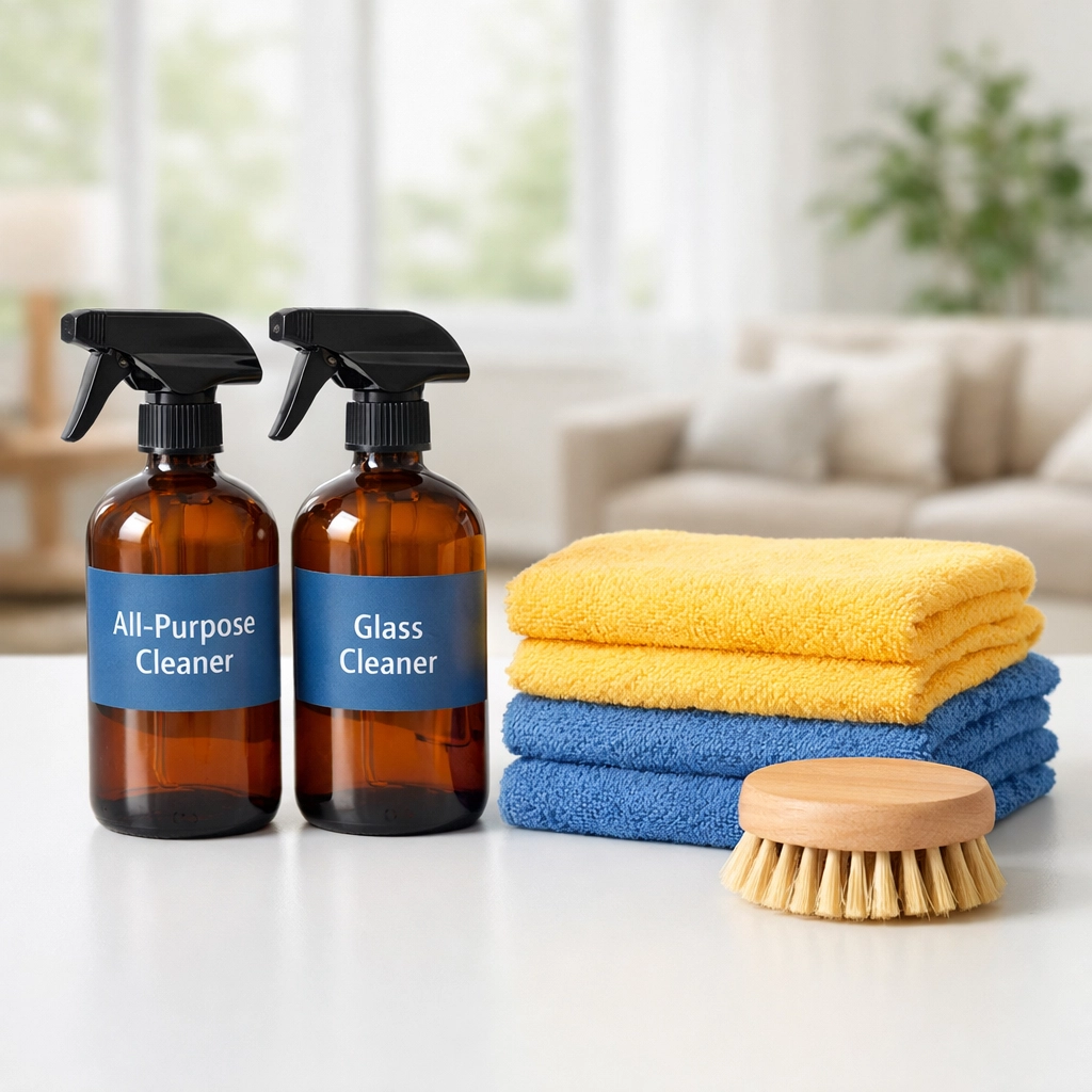Eco-friendly house cleaning Worcester MA supplies including spray bottles and microfiber cloths on a table.