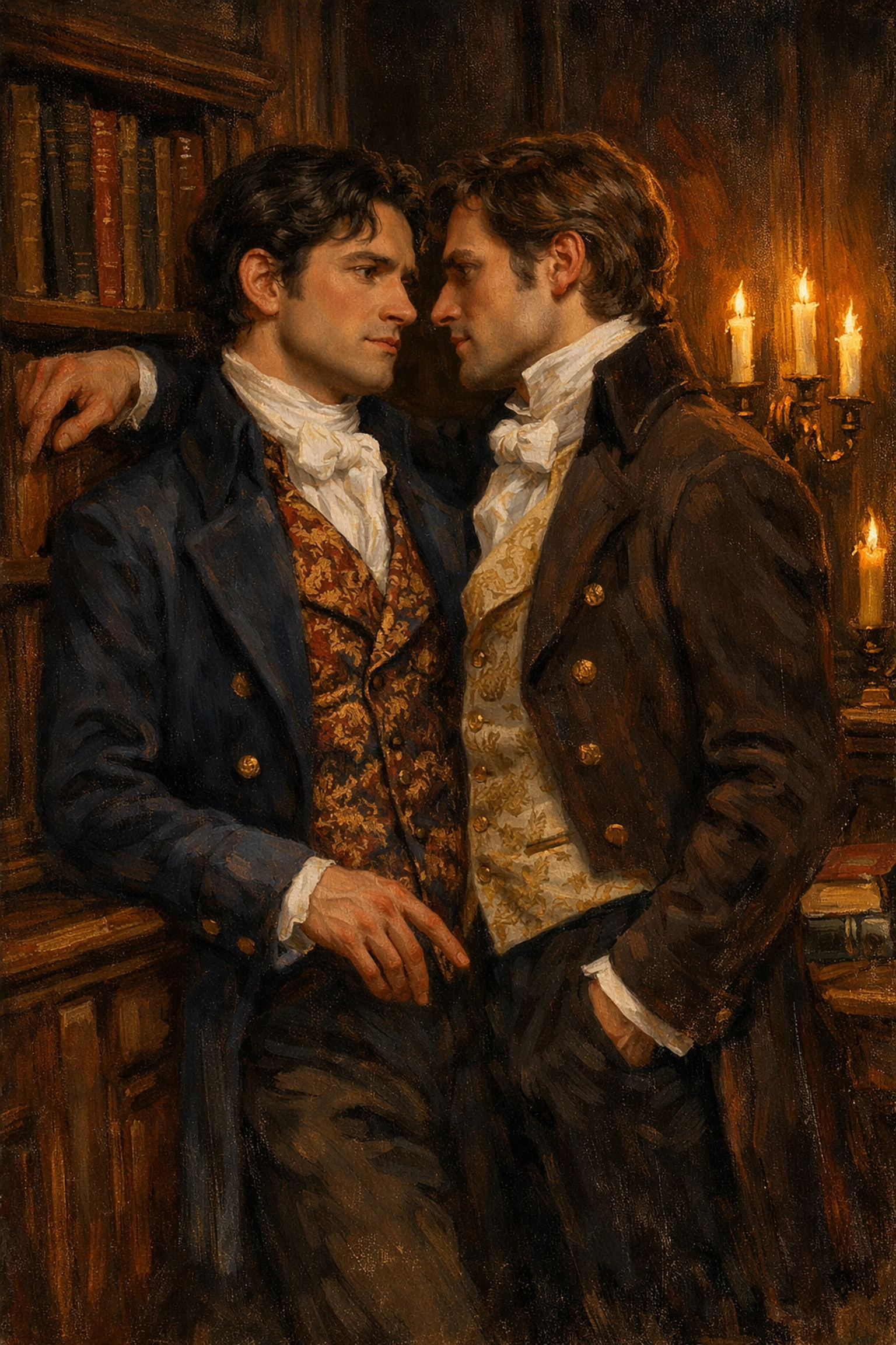 Two men in Regency-era attire sharing an intimate moment in a library, a classic scene from historical MM romance books.