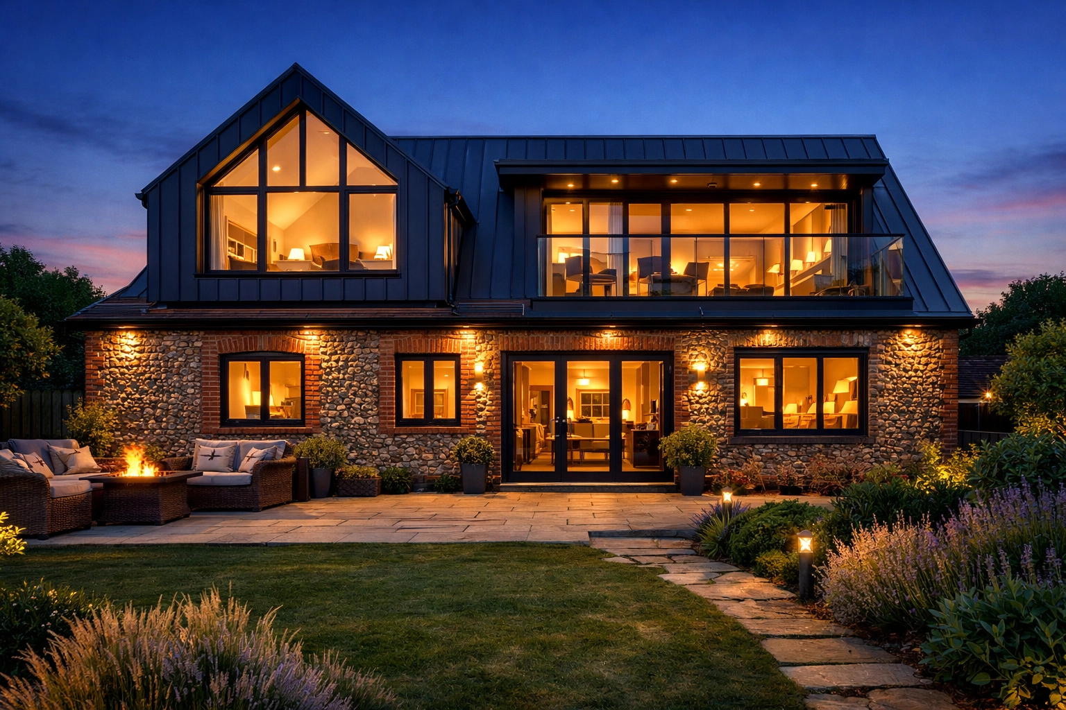 Completed Chichester bungalow conversion showing a new second storey with zinc cladding and flint walls.