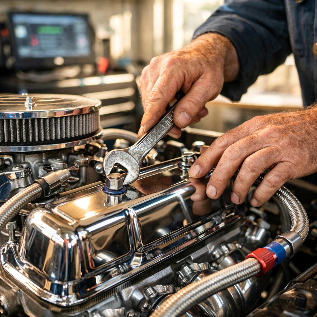 Expert technician tuning a polished V8 engine for a classic hot rod in Santa Cruz.