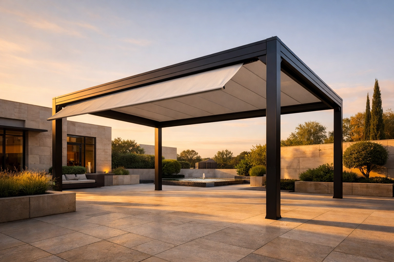 Moderne Pergola nach Maß mit Aluminiumpfosten als stilvolle Terrassenüberdachung in Wien.