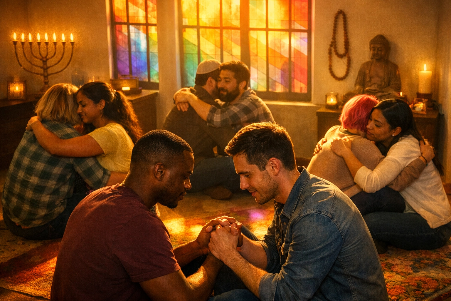 Diverse LGBTQ+ couples gathering in interfaith worship space with rainbow stained glass windows