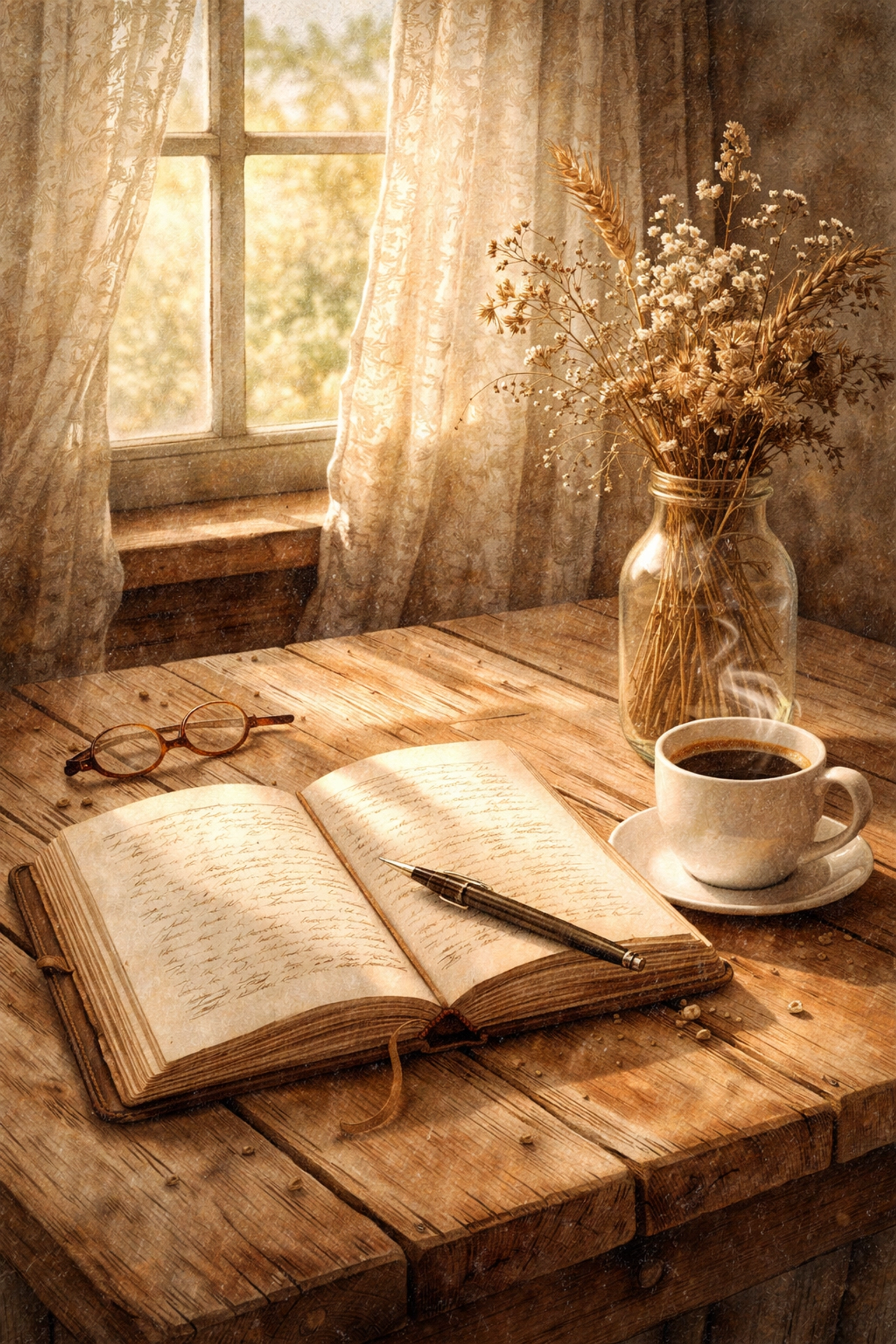 Open journal and coffee on a wooden table symbolize reflecting on farm experiences at Faithful Flock Farm.