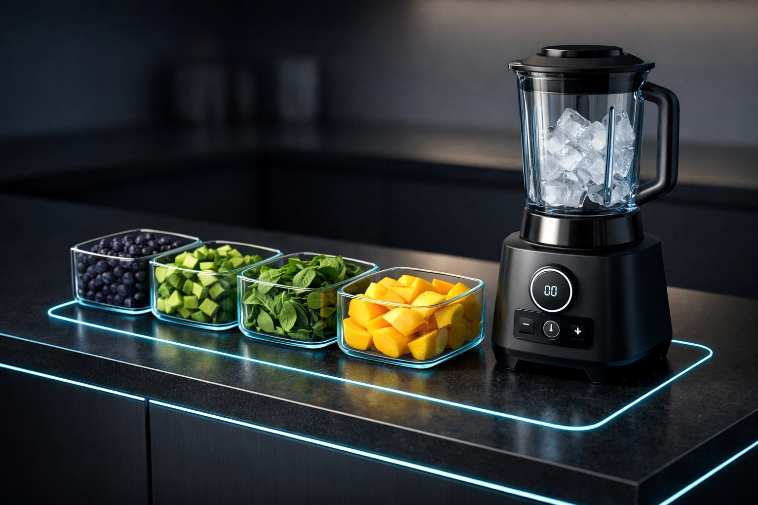 Fresh smoothie ingredients prepped in glass containers next to a modern blender.