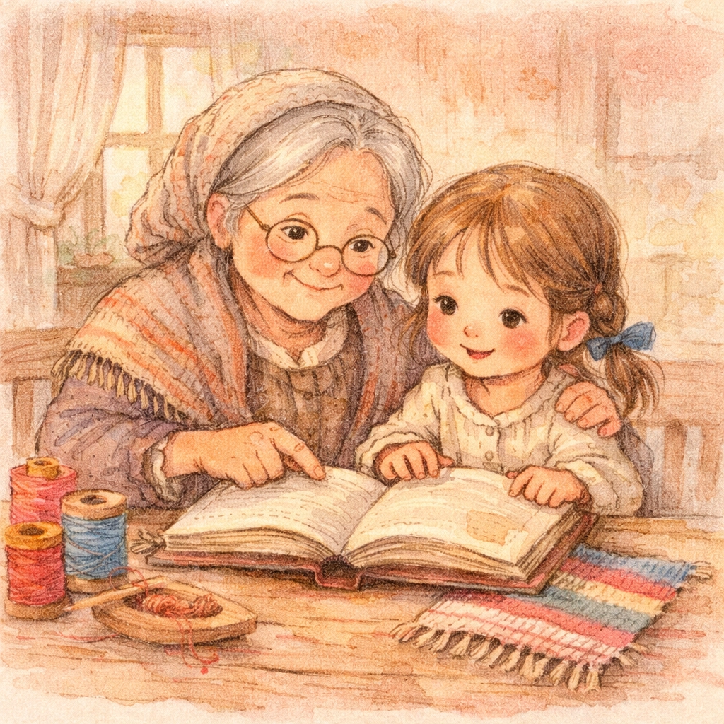 Grandmother teaching young girl about Scripture foundation with Bible and woven fabric