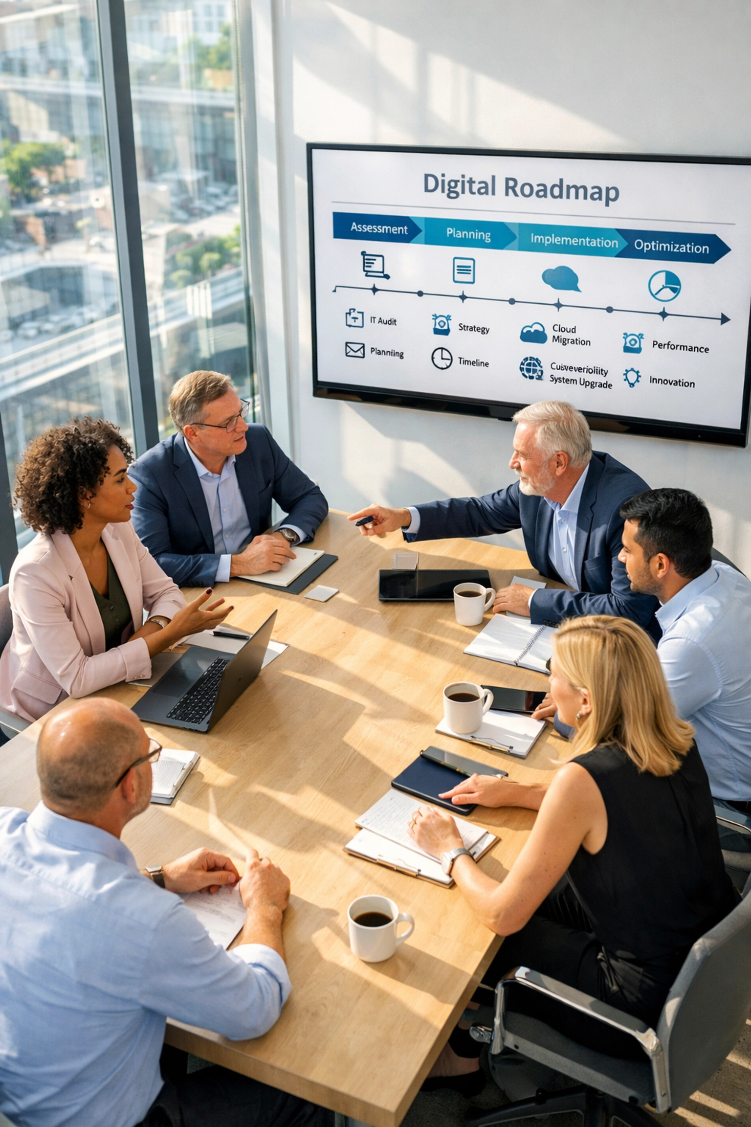 ServiceNow implementation partner and business leaders discussing a digital strategy roadmap in an office.