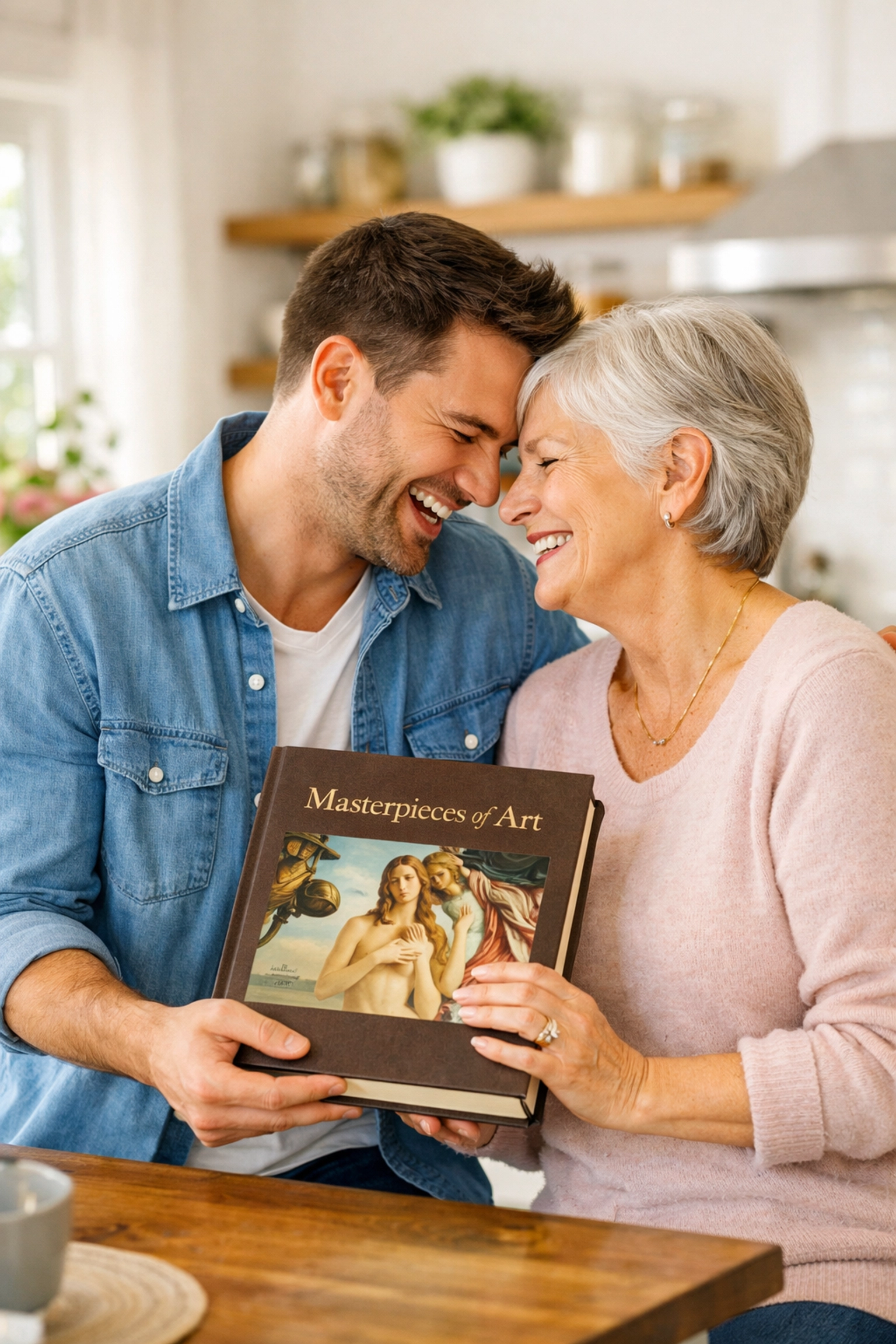 A joyful gay man and his mother figure celebrating Mother’s Day with a gift in a modern kitchen.