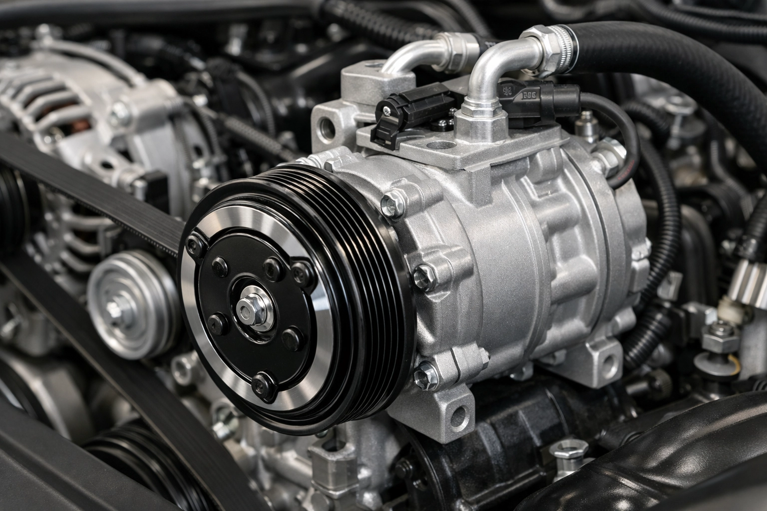 Car A/C compressor in engine bay with belt and clutch visible, clean professional lighting