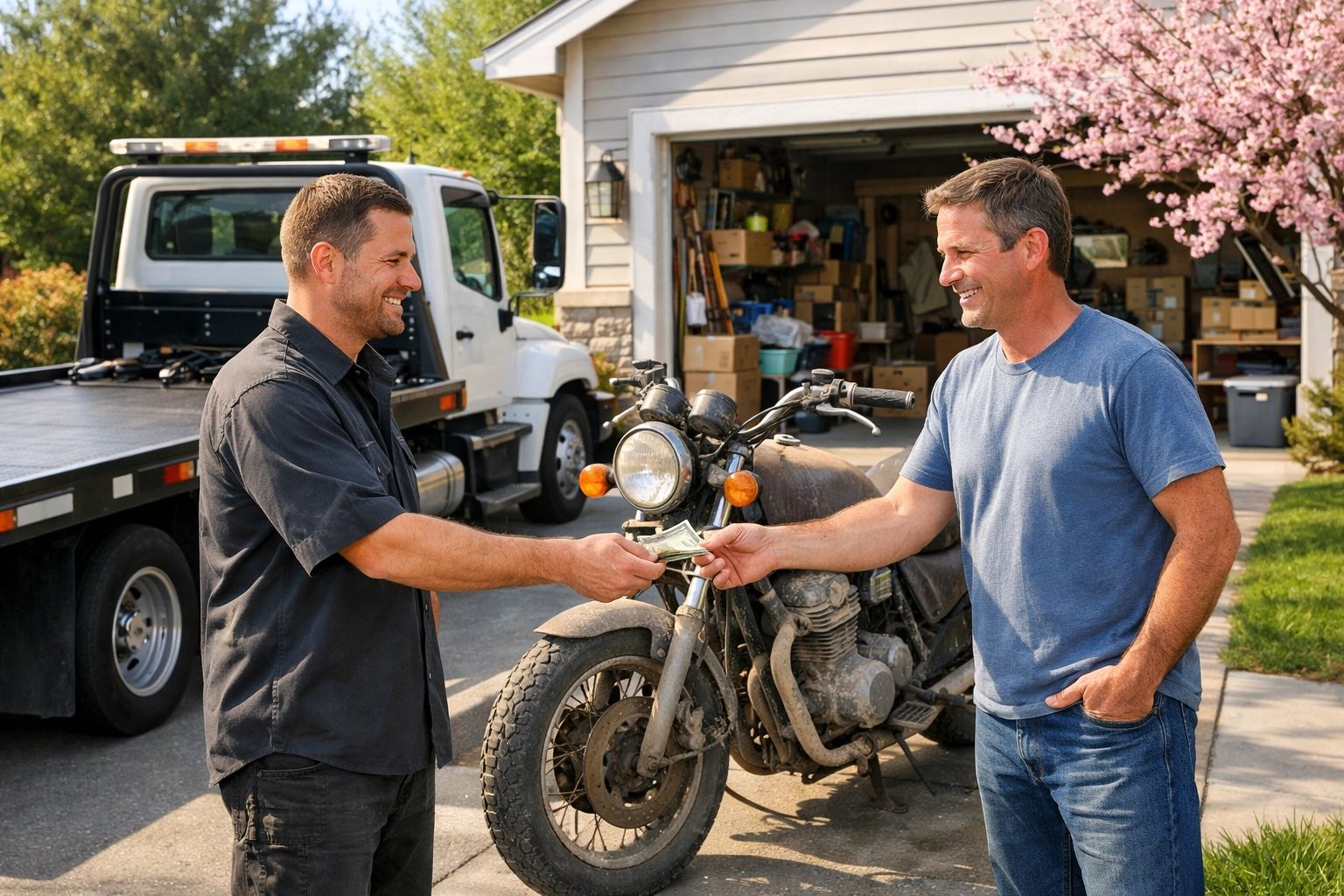 Professional motorcycle buyers near me paying cash for a junk bike during a spring garage cleanout.