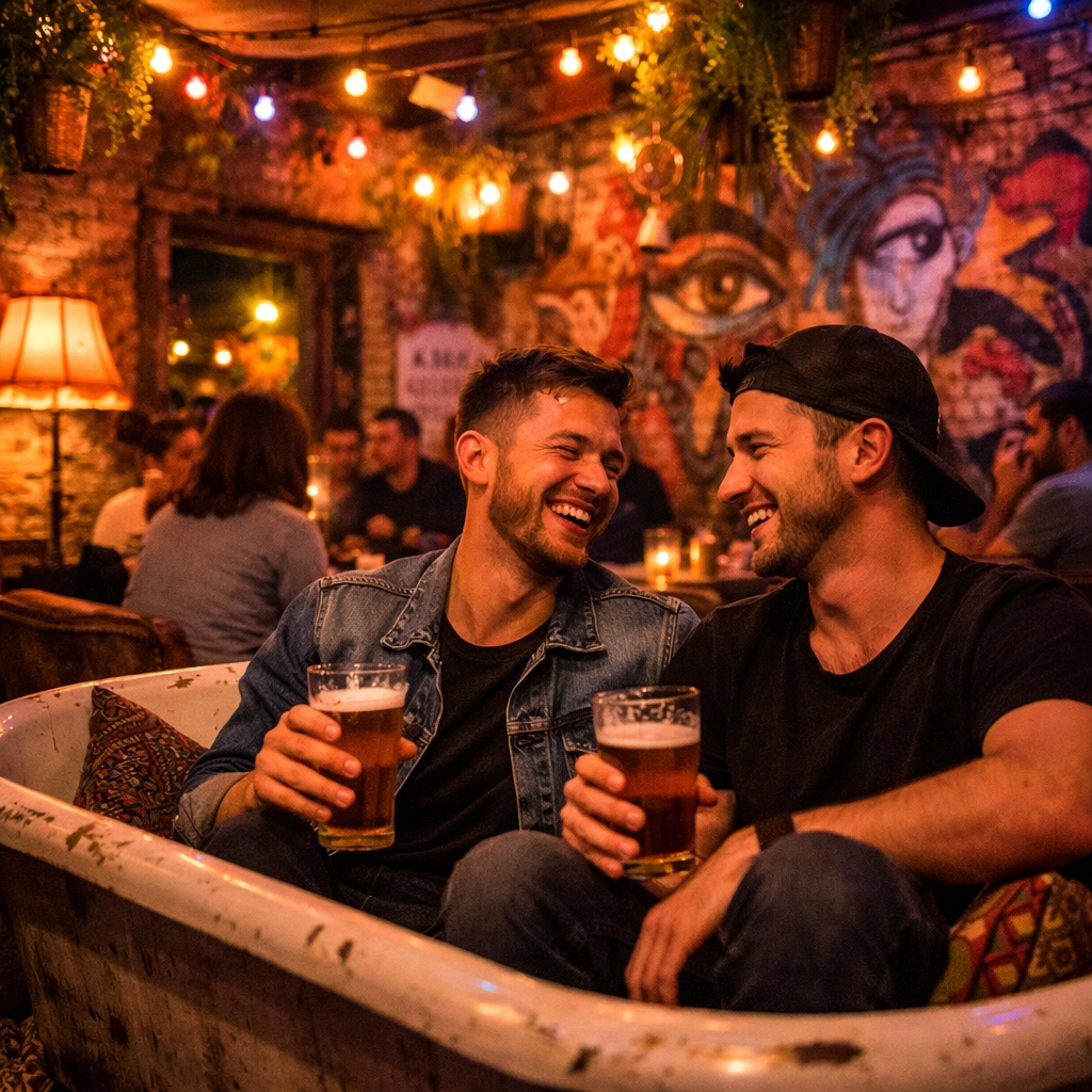 Gay friends enjoying Budapest ruin bar interior with vintage decor and string lights in Jewish Quarter