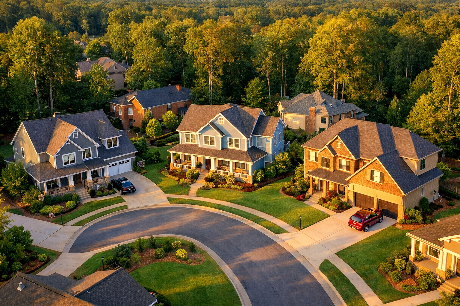 Aerial view of modern homes in Northeast Georgia neighborhood with tree-lined streets Aerial view of modern homes in Northeast Georgia neighborhood with tree-lined streets