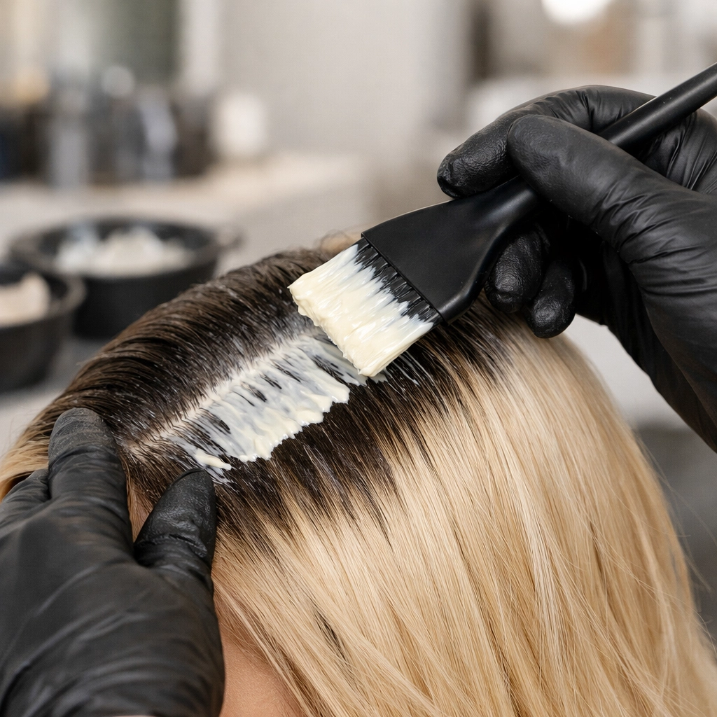 Professional colorist applying hair color to roots at Concord salon
