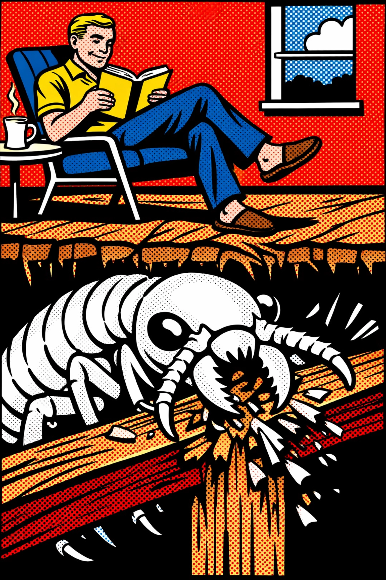 Pop art illustration of a termite eating a floor beam beneath an unaware homeowner.