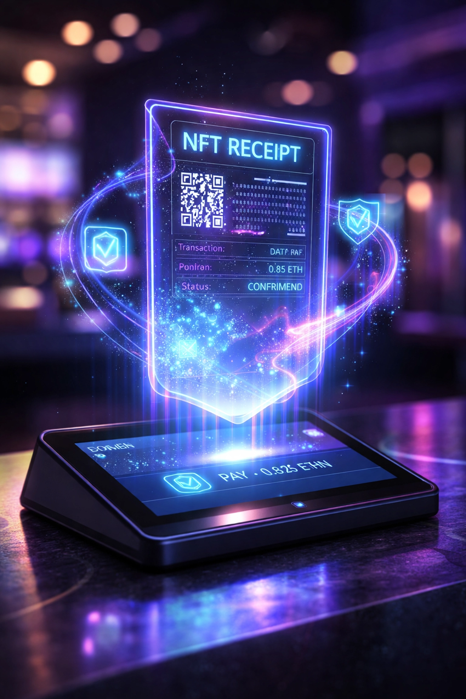 Digital NFT receipt above a crypto point-of-sale tablet, illustrating Larecoin's blockchain-verified payment records.