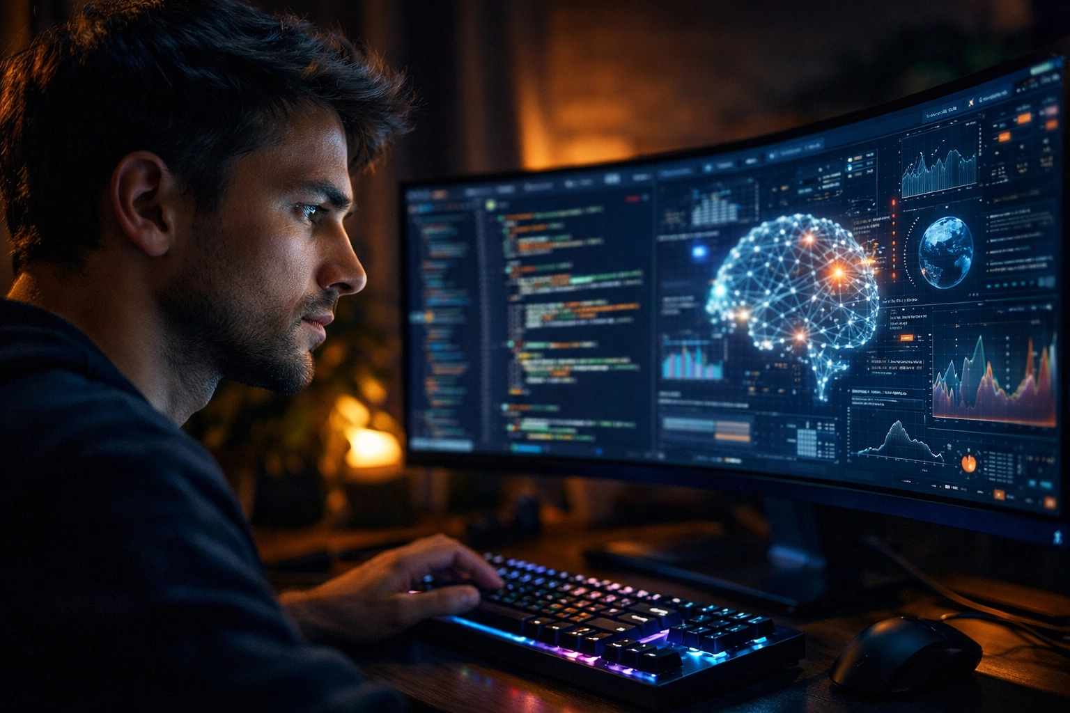 An AI-native software developer analyzing code and data visualizations on a large ultra-wide monitor.