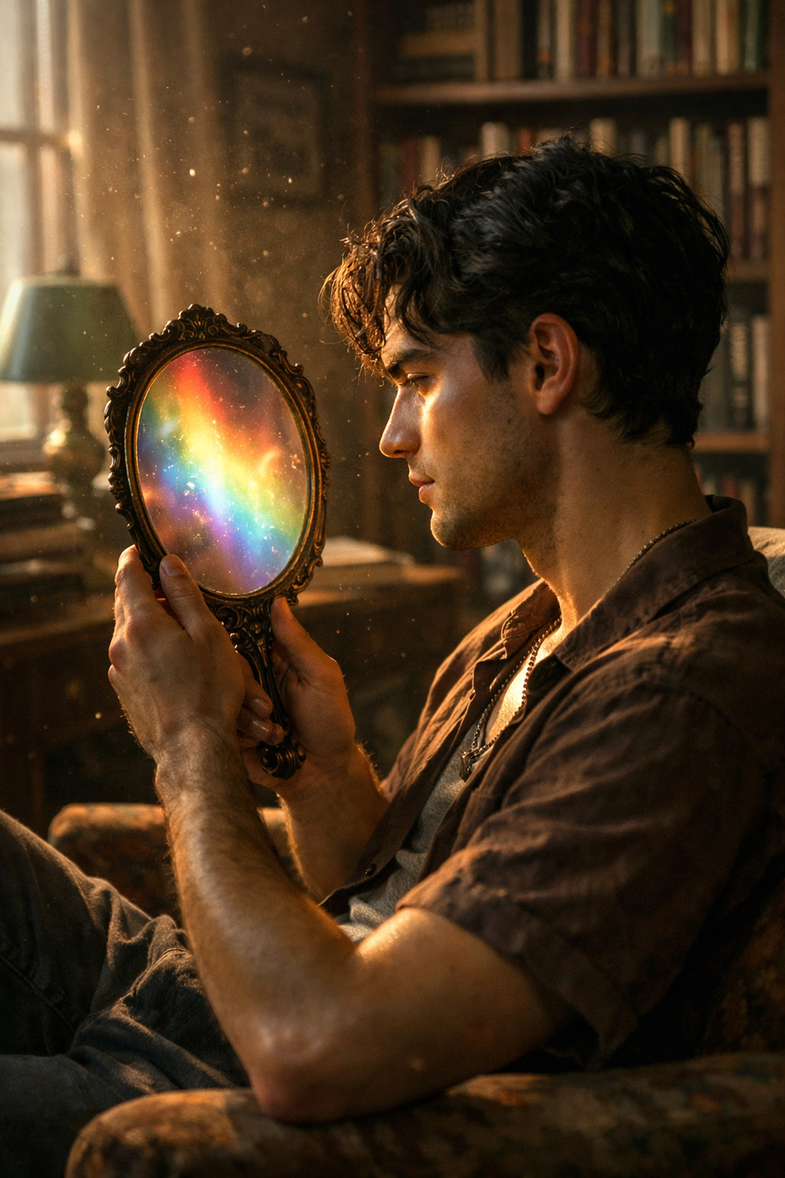 A queer man in a library exploring self-discovery and inner spirit through a glowing rainbow reflection.