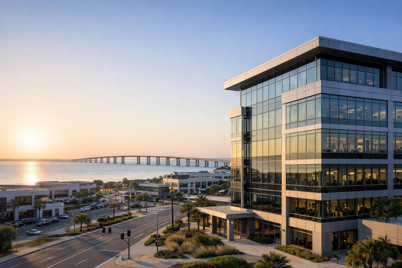 A modern office building and bridge at sunrise illustrating regional business market trends in Mississippi.