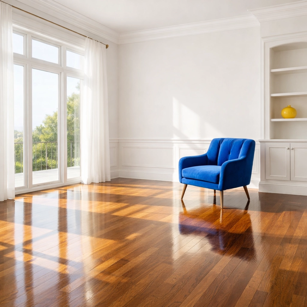 Polished hardwood floors in a luxury Sudbury living room following a professional move-in deep clean.
