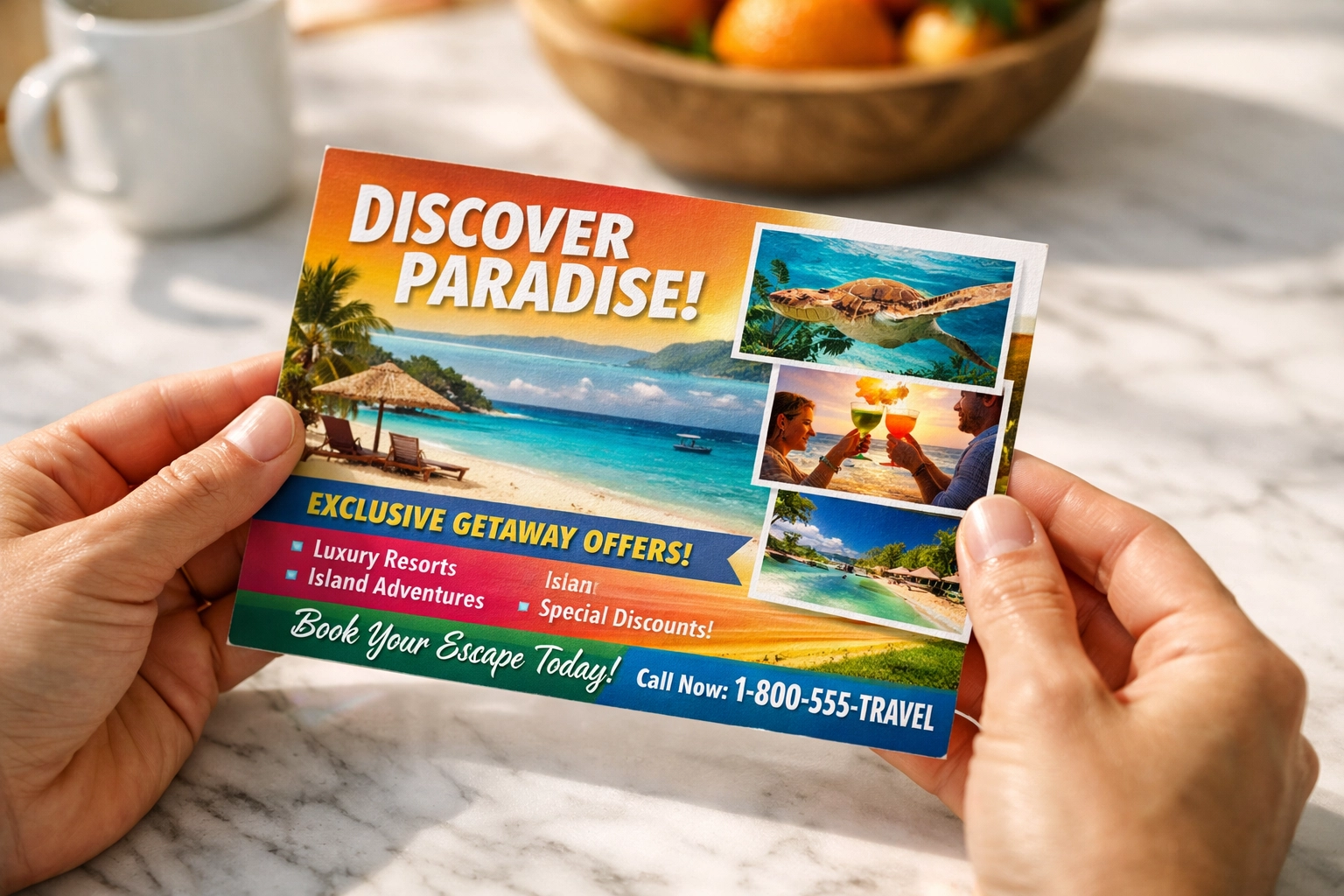 Close-up of a high-quality direct mail campaign postcard being held in a Jackson County Michigan home.