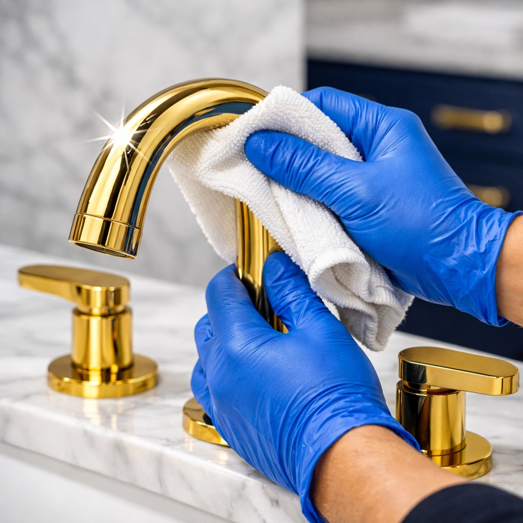 Close-up of detail-oriented luxury house cleaning in Wellesley MA performed on high-end gold bathroom fixtures.