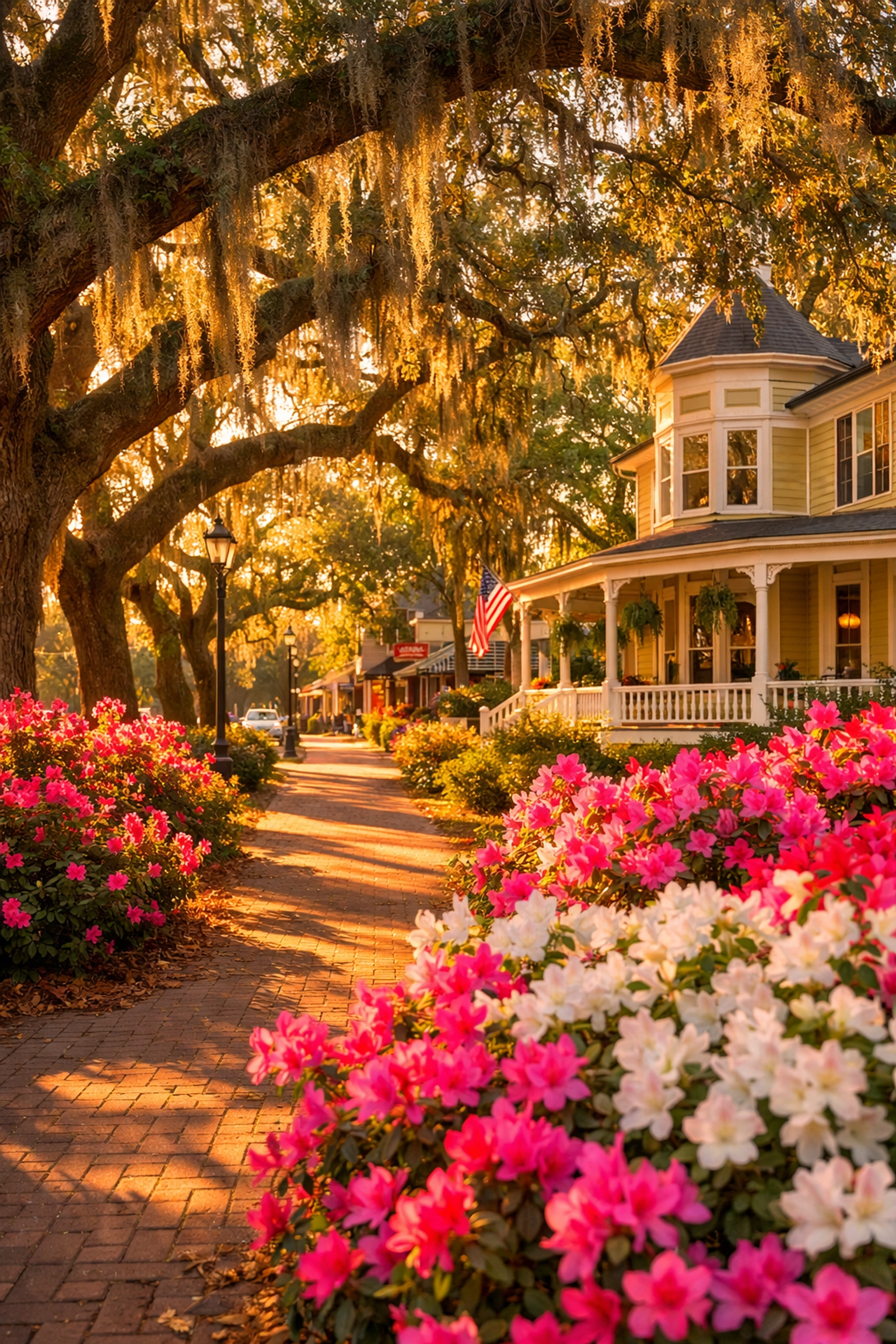 Tree-lined street in Summerville Historic District with azaleas and Victorian homes