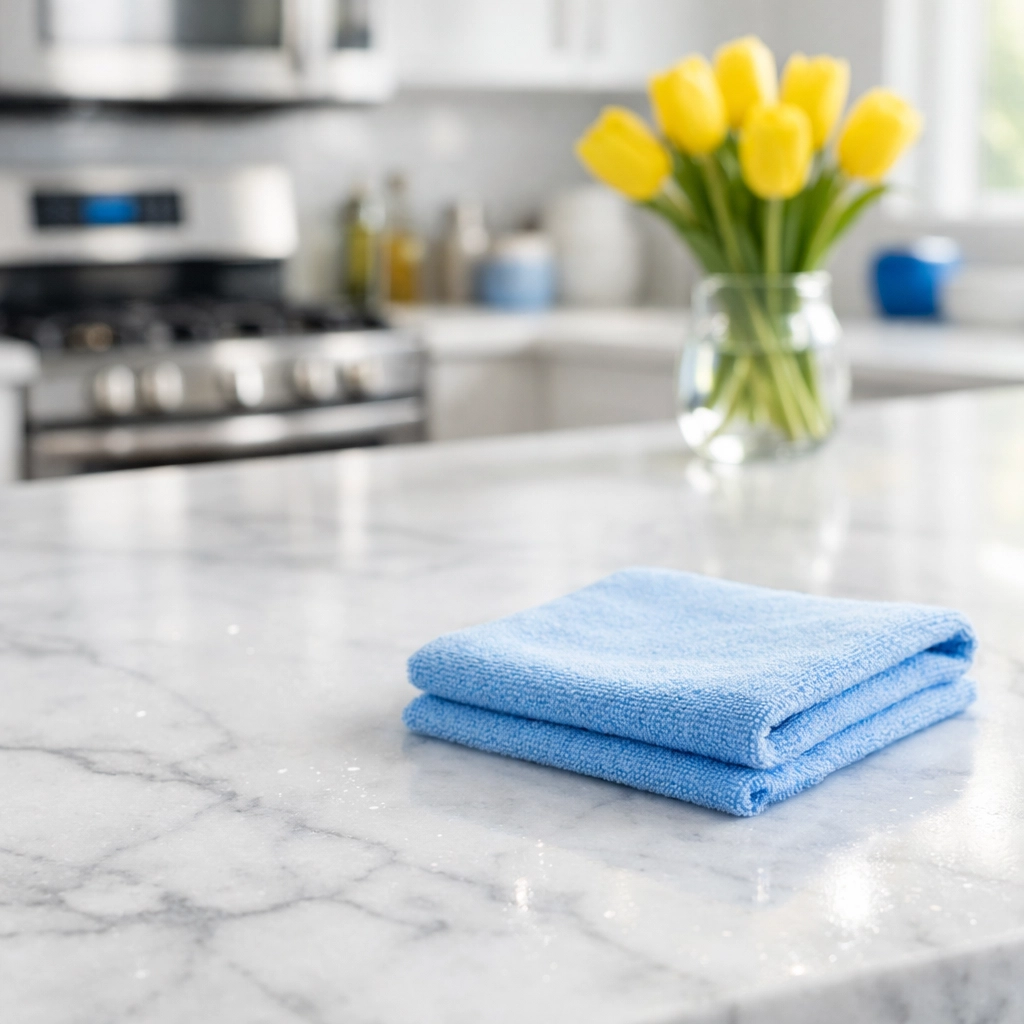Pristine white marble countertop detail from professional house cleaning in Holliston, MA.