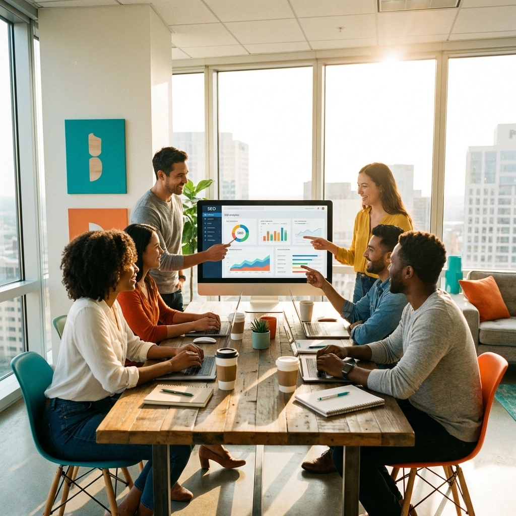 A diverse digital marketing team reviews SEO analytics and strategy insights in a modern, sunlit office.