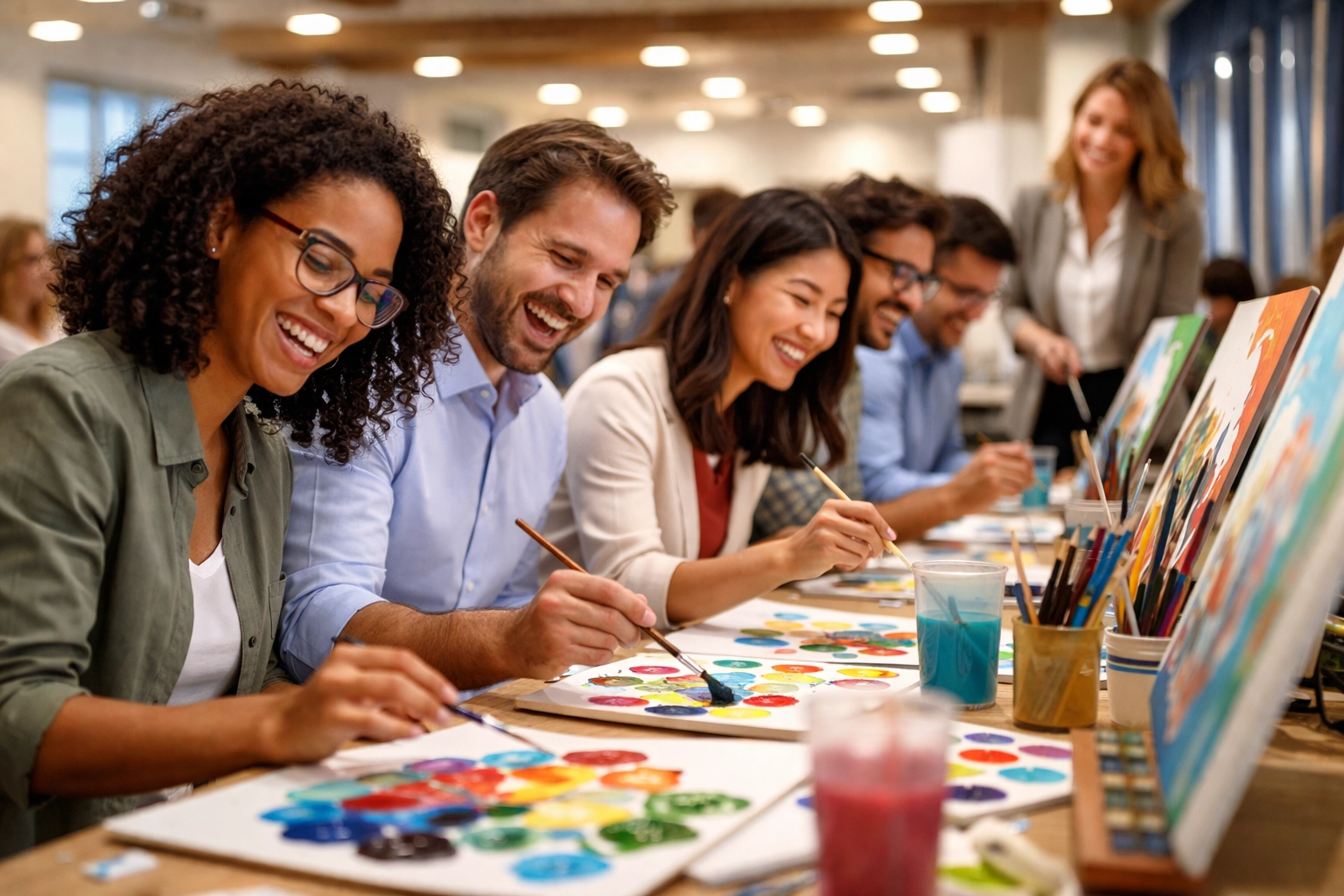 Professionals laughing and painting together at a creative corporate workshop, demonstrating teamwork and authentic bonding.