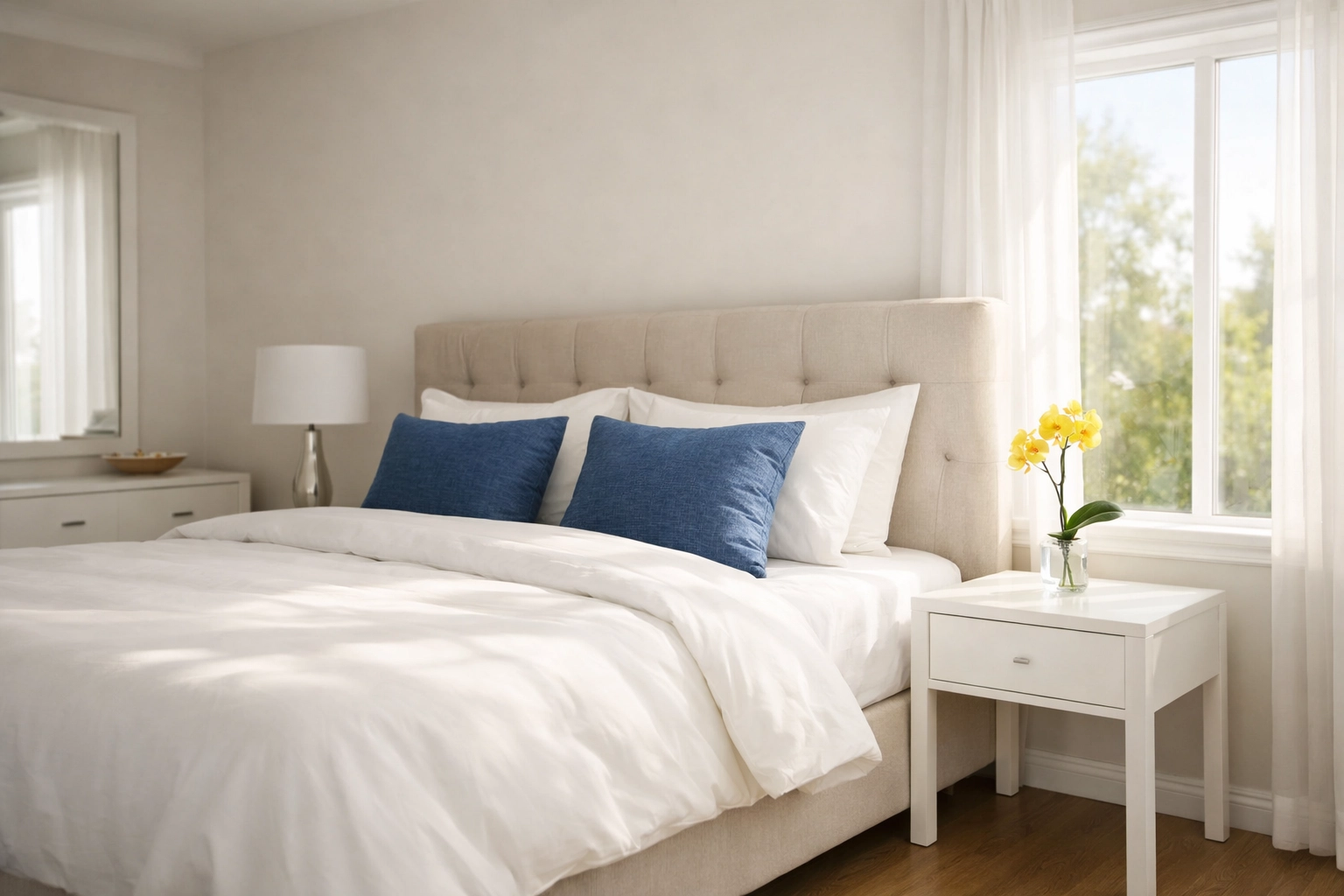 A bright, professionally cleaned Bolton master bedroom with fresh linens and zero dust after a deep clean.