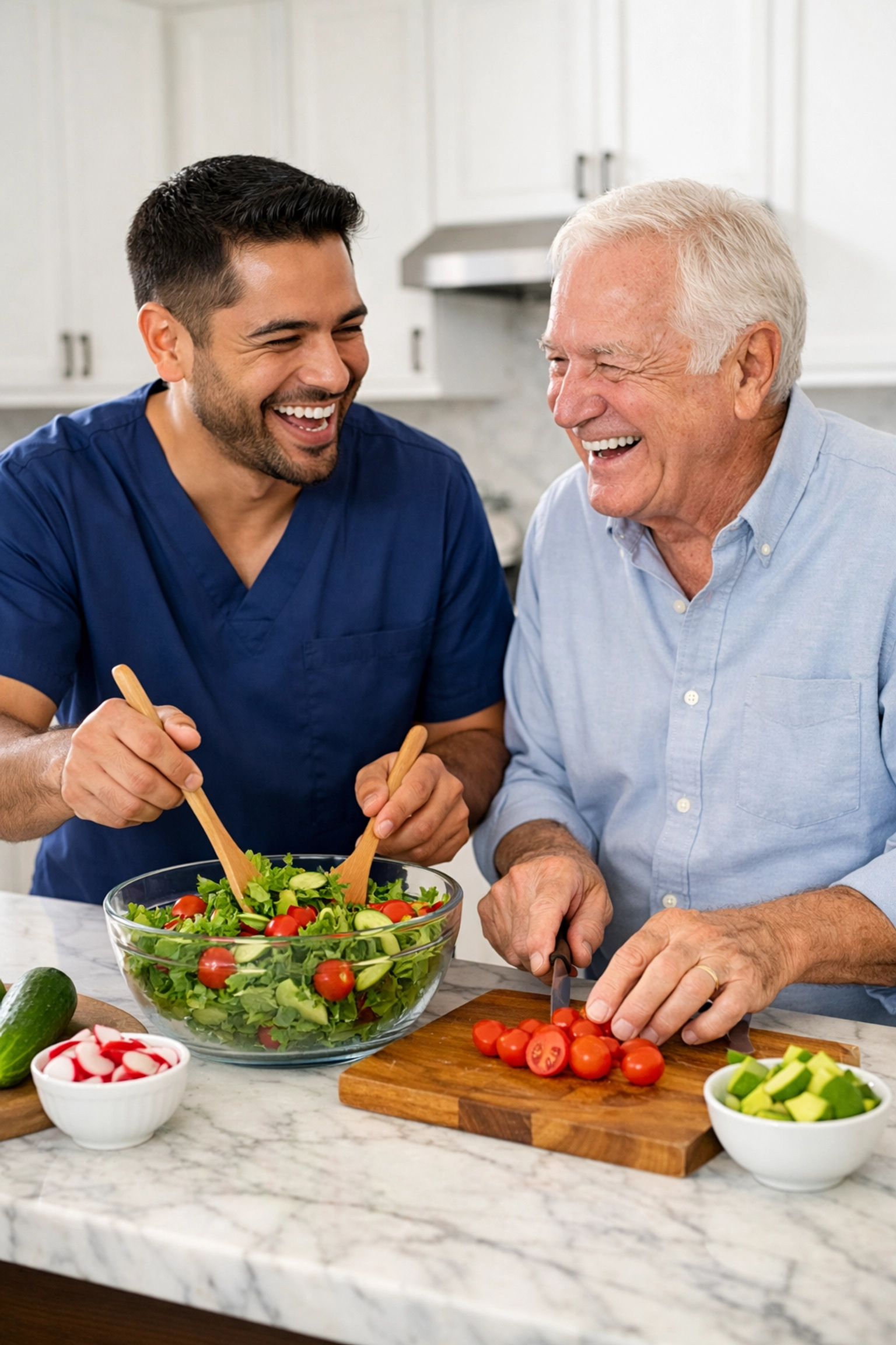 Caregiver and senior preparing a healthy meal together through in home care for seniors in Northern Virginia.