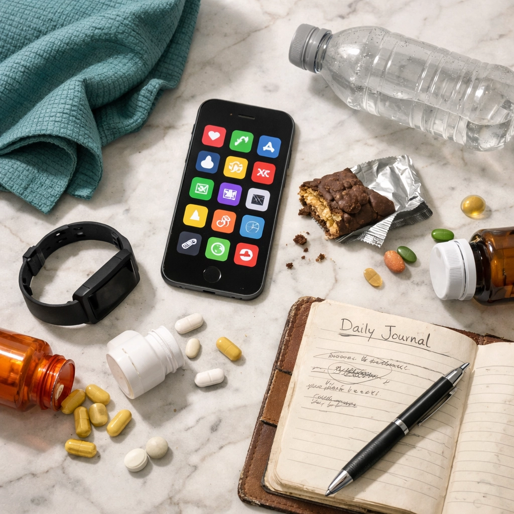 Cluttered wellness tracking items showing burnout from too many health apps and fitness trackers