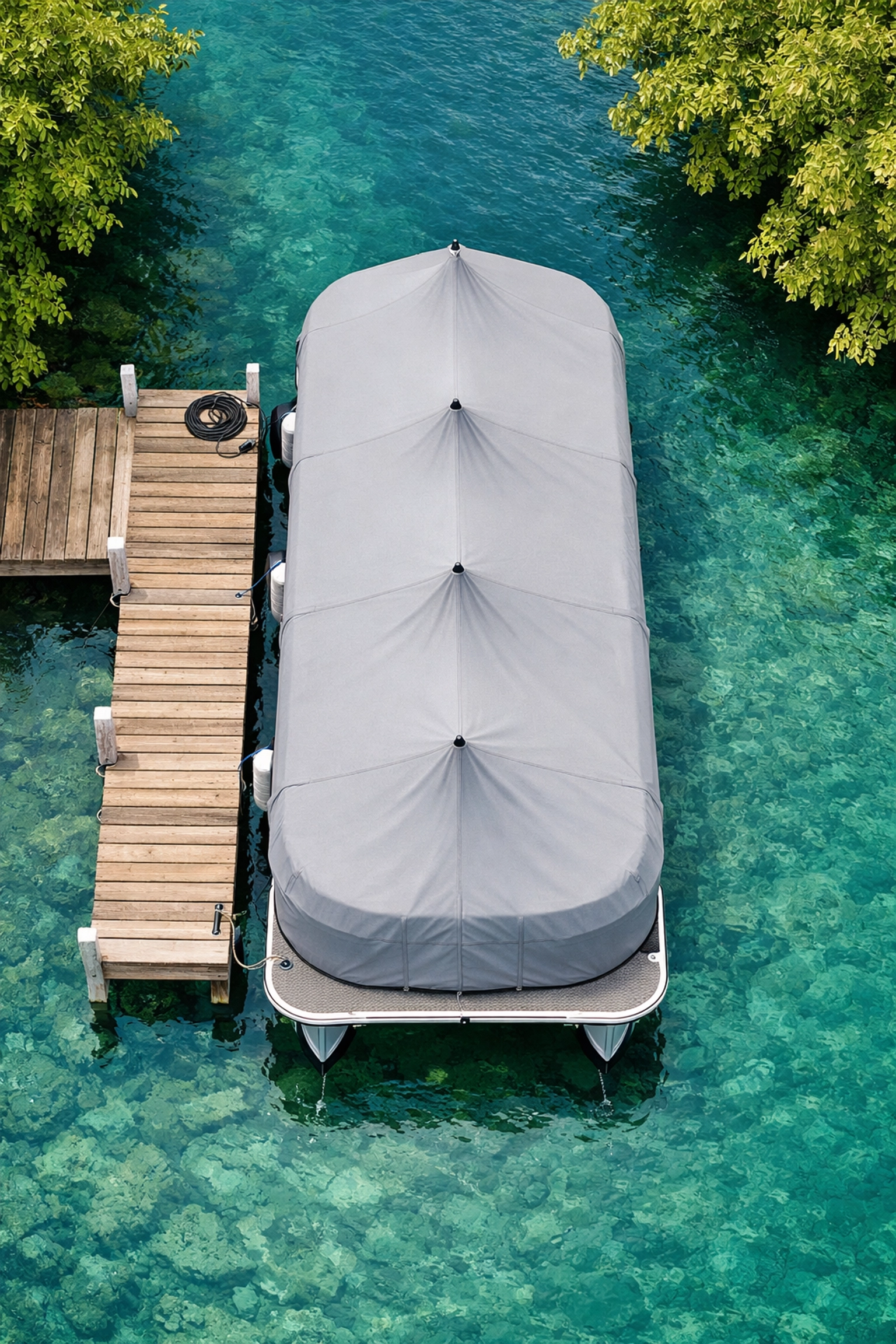 Top-down view of a luxury pontoon boat with a taut cover and support poles installed for water runoff.