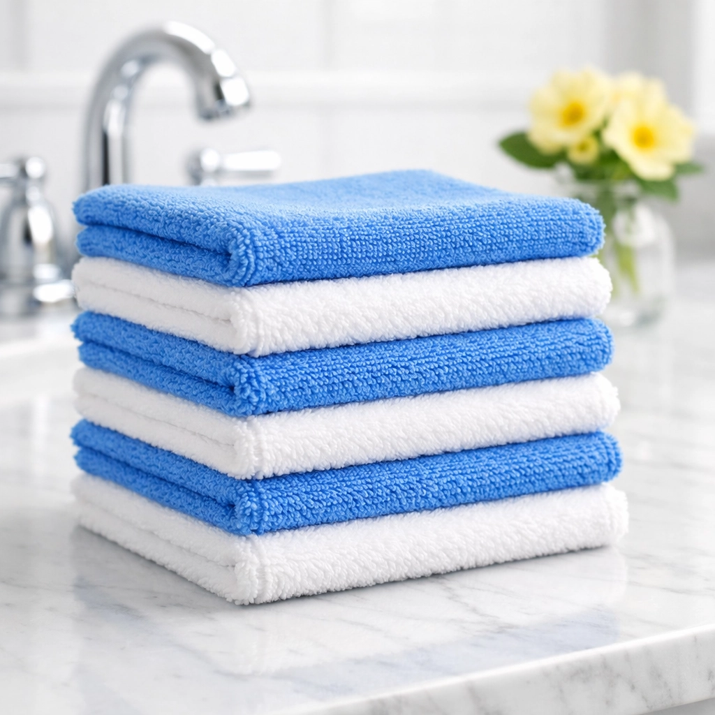 Organized microfiber cloths on a marble surface ready for professional residential cleaning in Marblehead.